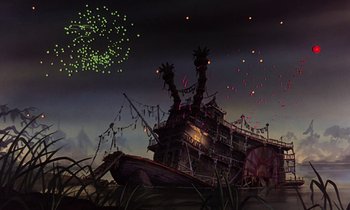Movie still from “The Rescuers” (1977), directed by Wolfgang Reitherman – An old boat is in the middle of the night with fireworks in the background; Extreme Wide shot, Low angle