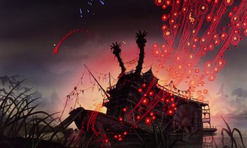 Movie still from “The Rescuers” (1977), directed by Wolfgang Reitherman – Fireworks explode in the night sky over a large ship; Extreme Wide shot, Low angle