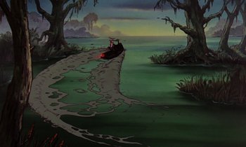 Movie still from “The Rescuers” (1977), directed by Wolfgang Reitherman – A painting of a boat in the water; Extreme Wide shot, High angle