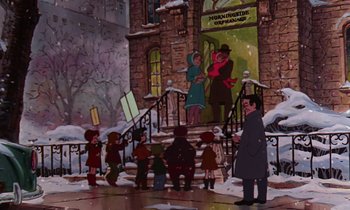 Movie still from “The Rescuers” (1977), directed by Wolfgang Reitherman – A group of people standing on the steps of a building; Wide shot, High angle