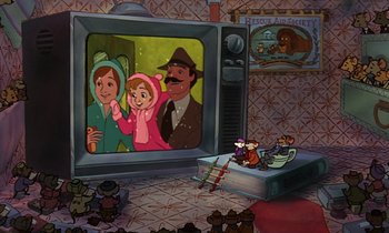 Movie still from “The Rescuers” (1977), directed by Wolfgang Reitherman – A painting of masha and the bear on a television set; Wide shot, High angle