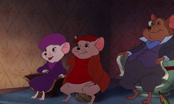 Movie still from “The Rescuers” (1977), directed by Wolfgang Reitherman – A group of cartoon mice sitting next to each other; Medium shot, High angle