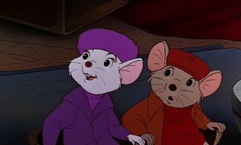 Movie still from “The Rescuers” (1977), directed by Wolfgang Reitherman – Two animated mice are standing next to each other; Close Up shot, High angle