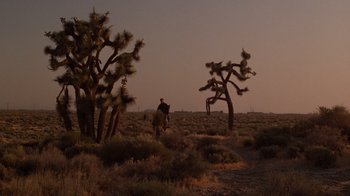 Movie still from “The Right Stuff” (1983), directed by Philip Kaufman – A man riding a horse through a field at night; Extreme Wide shot, Low angle