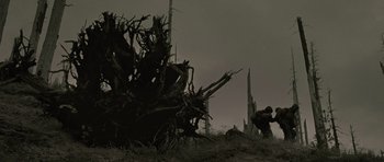 Movie still from “The Road” (2009), directed by John Hillcoat – A man standing next to a tree in a field; Wide shot, Low angle