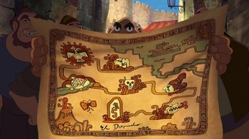 Movie still from “The Road to El Dorado” (2000), directed by Bibo Bergeron – An image of an ancient map of el dorado; Extreme Wide shot, Overhead angle