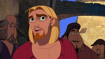 Movie still from “The Road to El Dorado” (2000), directed by Bibo Bergeron – A man with long hair and a beard and a man with a beard and a hat; Close Up shot, Over the shoulder angle