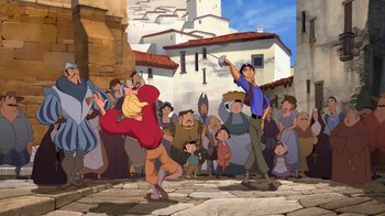 Movie still from “The Road to El Dorado” (2000), directed by Bibo Bergeron – A group of people standing around a street; Wide shot, Over the shoulder angle