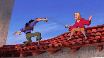 Movie still from “The Road to El Dorado” (2000), directed by Bibo Bergeron – Two people are fighting on the roof of a building; Wide shot, Overhead angle