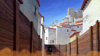 Movie still from “The Road to El Dorado” (2000), directed by Bibo Bergeron – A dog is standing in a fenced in alley; Extreme Wide shot, Low angle