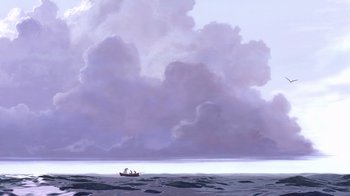 Movie still from “The Road to El Dorado” (2000), directed by Bibo Bergeron – A painting of a boat in the ocean under a cloudy sky; Extreme Wide shot, Low angle