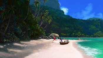 Movie still from “The Road to El Dorado” (2000), directed by Bibo Bergeron – A painting of people on the beach under an umbrella; Extreme Wide shot, High angle