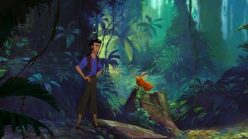 Movie still from “The Road to El Dorado” (2000), directed by Bibo Bergeron – A man standing next to an orange bird in a forest; Wide shot, High angle