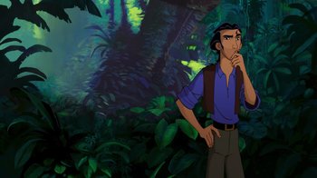 Movie still from “The Road to El Dorado” (2000), directed by Bibo Bergeron – A man standing next to a lush green forest; Medium shot, High angle
