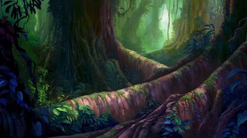 Movie still from “The Road to El Dorado” (2000), directed by Bibo Bergeron – An artistic painting of a forest with trees and plants; Extreme Wide shot, Low angle