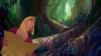 Movie still from “The Road to El Dorado” (2000), directed by Bibo Bergeron – A scene from the jungle book with a man in the background; Extreme Wide shot, Over the shoulder angle