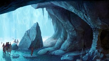 Movie still from “The Road to El Dorado” (2000), directed by Bibo Bergeron – A cave with a person standing in the water; Extreme Wide shot, High angle