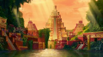 Movie still from “The Road to El Dorado” (2000), directed by Bibo Bergeron – An artistic painting of a city in the middle of the day; Extreme Wide shot, Low angle