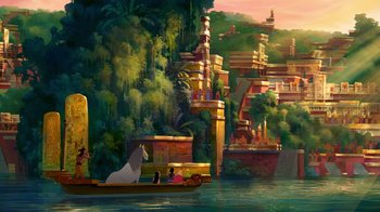Movie still from “The Road to El Dorado” (2000), directed by Bibo Bergeron – A painting of a boat on a river with a horse in the back; Extreme Wide shot, Low angle