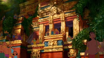 Movie still from “The Road to El Dorado” (2000), directed by Bibo Bergeron – A painting of people sitting on a balcony; Extreme Wide shot, Low angle