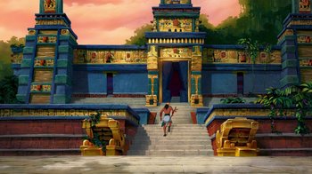 Movie still from “The Road to El Dorado” (2000), directed by Bibo Bergeron – A painting of a man walking down a set of stairs; Extreme Wide shot, Overhead angle