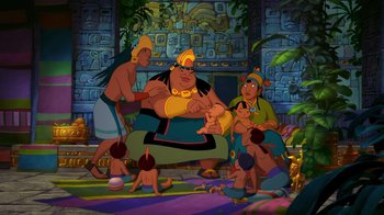 Movie still from “The Road to El Dorado” (2000), directed by Bibo Bergeron – A group of people sitting in a living room; Wide shot, High angle