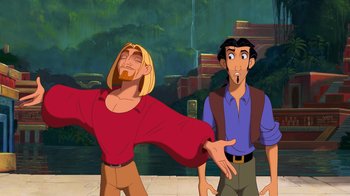 Movie still from “The Road to El Dorado” (2000), directed by Bibo Bergeron – Two cartoon characters are standing next to each other; Medium shot, Over the shoulder angle