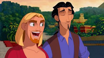 Movie still from “The Road to El Dorado” (2000), directed by Bibo Bergeron – A couple of men standing next to each other; Medium shot, Over the shoulder angle