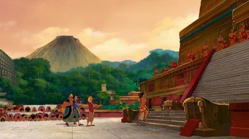 Movie still from “The Road to El Dorado” (2000), directed by Bibo Bergeron – An animated scene of the jungle book and mowgli in front of a mountain; Extreme Wide shot, Low angle