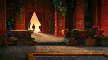 Movie still from “The Road to El Dorado” (2000), directed by Bibo Bergeron – An image of a scene in a movie setting; Extreme Wide shot, Low angle