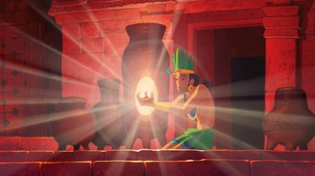 Movie still from “The Road to El Dorado” (2000), directed by Bibo Bergeron – An animated picture of an indian holding a pot; Wide shot, Low angle