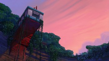 Movie still from “The Road to El Dorado” (2000), directed by Bibo Bergeron – A painting of an island in the middle of the jungle; Extreme Wide shot, Low angle