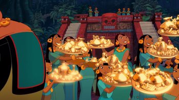 Movie still from “The Road to El Dorado” (2000), directed by Bibo Bergeron – A group of people standing next to each other holding trays of food; Extreme Wide shot, Low angle
