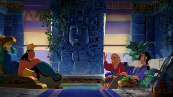 Movie still from “The Road to El Dorado” (2000), directed by Bibo Bergeron – A woman sitting on a couch in front of a stone face; Wide shot, Overhead angle