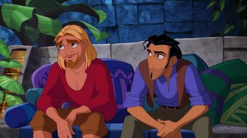 Movie still from “The Road to El Dorado” (2000), directed by Bibo Bergeron – A couple of men sitting next to each other; Medium shot, Over the shoulder angle