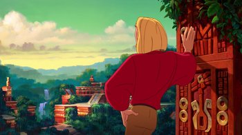 Movie still from “The Road to El Dorado” (2000), directed by Bibo Bergeron – A man standing next to a tree looking out at a city; Medium shot, Over the shoulder angle