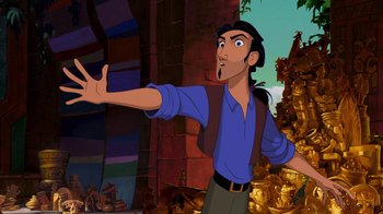 Movie still from “The Road to El Dorado” (2000), directed by Bibo Bergeron – A man in a blue shirt and brown vest; Medium shot, Low angle