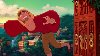 Movie still from “The Road to El Dorado” (2000), directed by Bibo Bergeron – A man in a red shirt and brown pants is running; Medium shot, Overhead angle