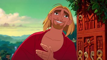 Movie still from “The Road to El Dorado” (2000), directed by Bibo Bergeron – A man with long blond hair is smiling; Medium shot, Low angle