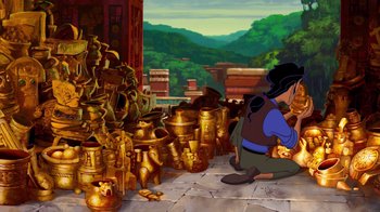 Movie still from “The Road to El Dorado” (2000), directed by Bibo Bergeron – An image of a woman sitting in front of many pots; Wide shot, High angle