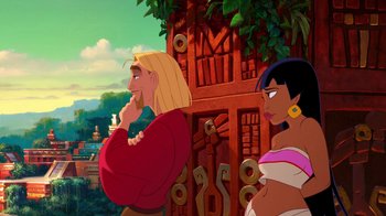 Movie still from “The Road to El Dorado” (2000), directed by Bibo Bergeron – A couple of women standing next to each other; Medium shot, Over the shoulder angle