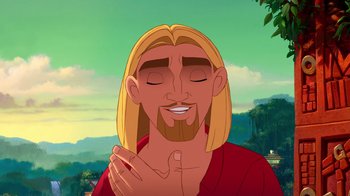 Movie still from “The Road to El Dorado” (2000), directed by Bibo Bergeron – A man with long blond hair and a long beard; Close Up shot, Low angle