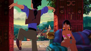 Movie still from “The Road to El Dorado” (2000), directed by Bibo Bergeron – A man and a woman sitting on a bench in front of a building; Wide shot, Over the shoulder angle
