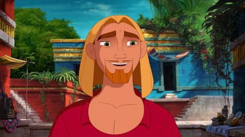 Movie still from “The Road to El Dorado” (2000), directed by Bibo Bergeron – A man with long blond hair is smiling; Close Up shot, Low angle