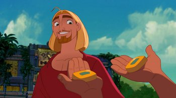 Movie still from “The Road to El Dorado” (2000), directed by Bibo Bergeron – A man with a long beard holding something in his hands; Close Up shot, Low angle