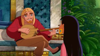 Movie still from “The Road to El Dorado” (2000), directed by Bibo Bergeron – A man playing a guitar in front of a woman; Medium shot, Over the shoulder angle