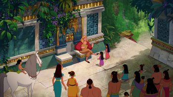 Movie still from “The Road to El Dorado” (2000), directed by Bibo Bergeron – A group of people gathered around a woman sitting on a bench; Extreme Wide shot, Overhead angle