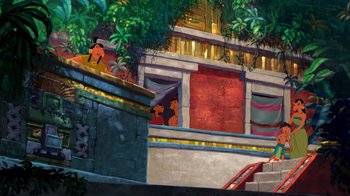 Movie still from “The Road to El Dorado” (2000), directed by Bibo Bergeron – A painting of a man and a woman sitting on a balcony; Extreme Wide shot, Low angle