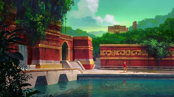 Movie still from “The Road to El Dorado” (2000), directed by Bibo Bergeron – A painting of a man standing in front of an ancient building; Extreme Wide shot, Low angle