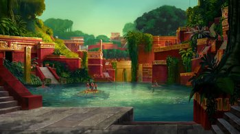 Movie still from “The Road to El Dorado” (2000), directed by Bibo Bergeron – A painting of people swimming in a pool; Extreme Wide shot, Low angle